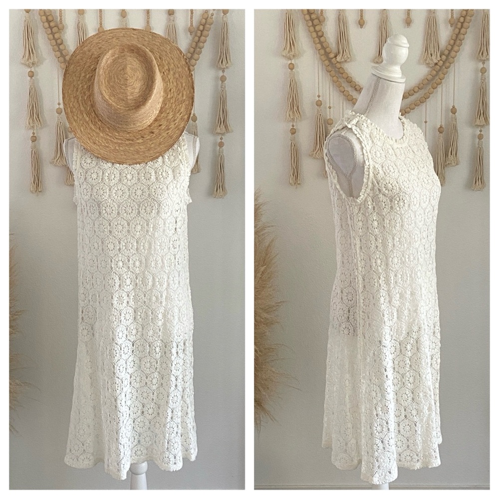 Sundance cream crochet vintage lace mini dress sheer swimsuit cover up resort L
